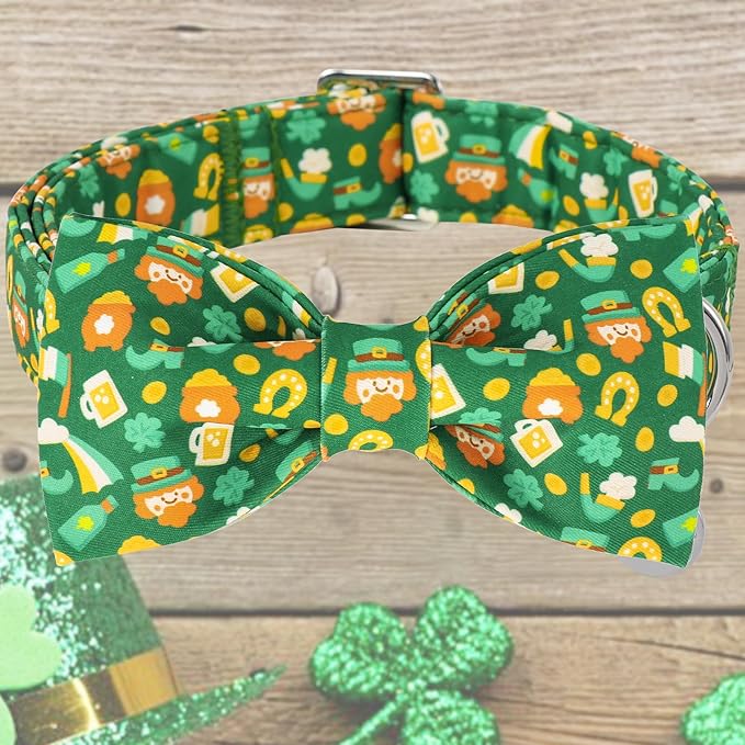 DOGWONG St Patrick Dog Bow Tie with Collar, Irish Holiday Shamrock Lucky Dog Collar for Boys and Girls Large Medium Pets Puppies
