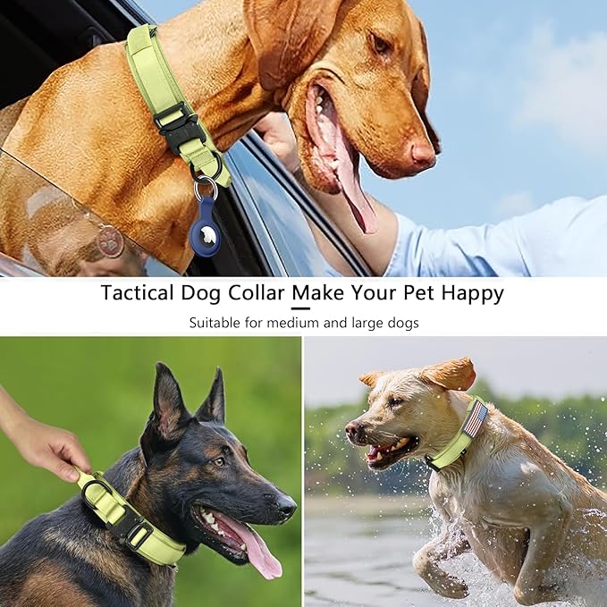 DAGANXI Tactical Dog Collar, Adjustable Military Training Nylon Dog Collar with Control Handle and Heavy Metal Buckle for Medium and Large Dogs, with Patches and Airtags Case (M, Spring Grass)