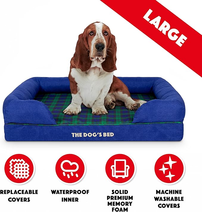The Dog’s Bed Orthopedic Memory Foam Dog Bed with Bolsters, Oxford Fabric, Black Watch Tartan, Large