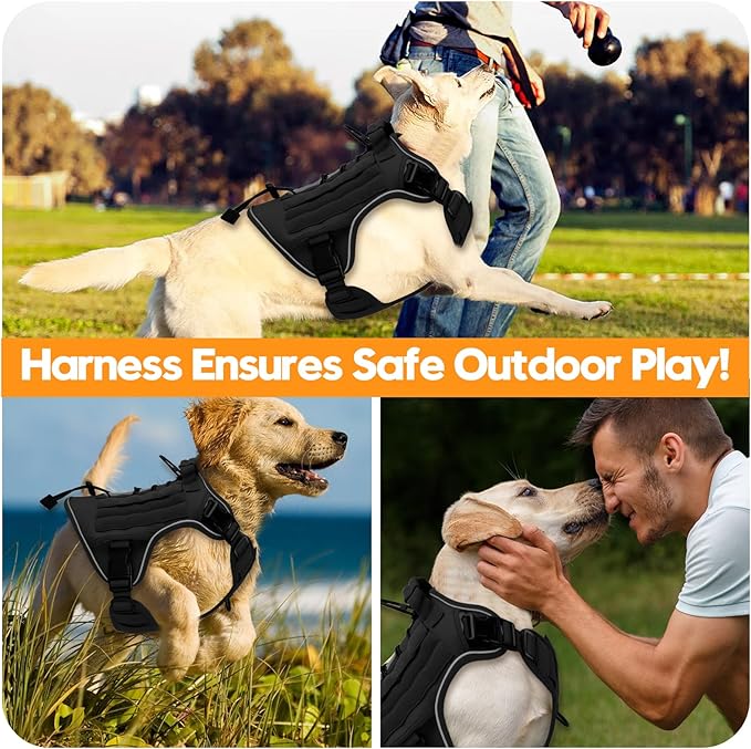 Heavy-Duty Tactical Dog Harness for Large Dogs, No Pull Adjustable Reflective Pet Vest with Molle System, K9 Military-Grade Control for Service Training, Outdoor & 10+ Breeds, Black, Large