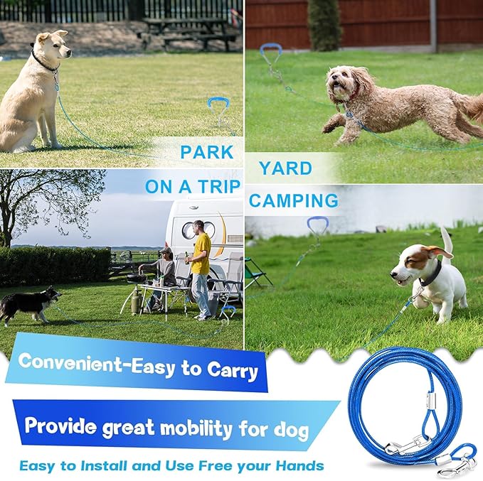 Supet Dog Tie Out Cable and Stake 32/16/10 ft Outdoor, Yard and Camping, for Medium to Large Dogs Up to 125 lbs, 16" Stake, 32/16/10 ft Cable with Durable Spring and Metal Hooks for Outdoor