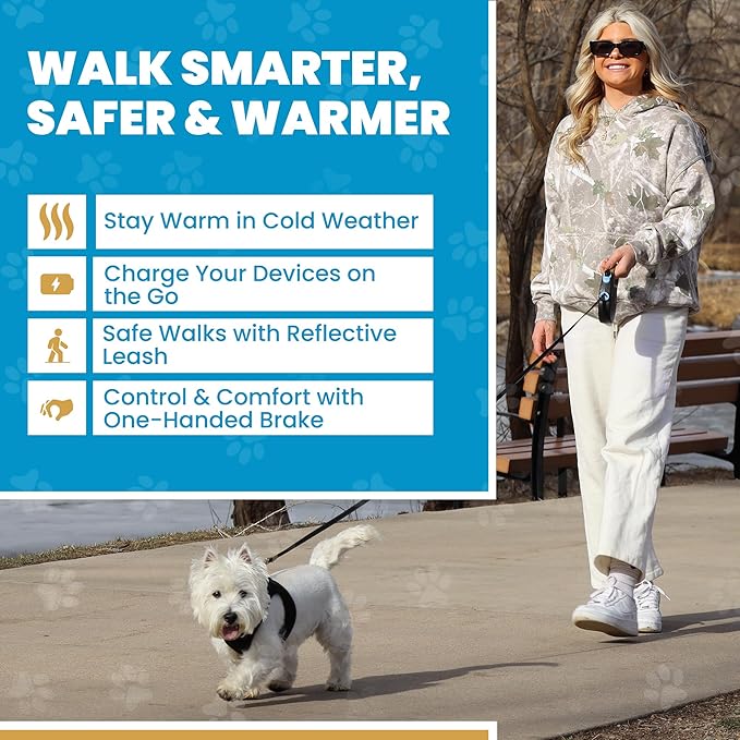 Heated Dog Leash Retractable Heavy Duty – 16’ Extendable Leash with 3 Heat Settings, USB-C Port to Charge Your Mobile, Heated Hand Grip, Reflective Design, for Large Dogs Up to 75 lbs