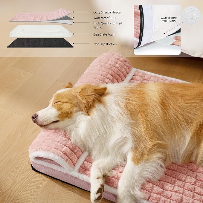 Orthopedic XL Dog Bed Large Sized Dog with Pillow 42''X28'', Waterproof Soft Comfortable Egg Crate Foam Pet Crate Beds Mat with Removable Washable Cover and Non-Slip Bottom, Pink