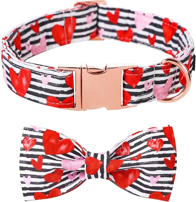 Lionet Paws Valentines Dog Collar with Bowtie, Dog Bowtie Collar with Metal Buckle for Dogs, Adjustable Comfortable Dogs Collars Girl Boy Hearts, S, Neck 10-16 in