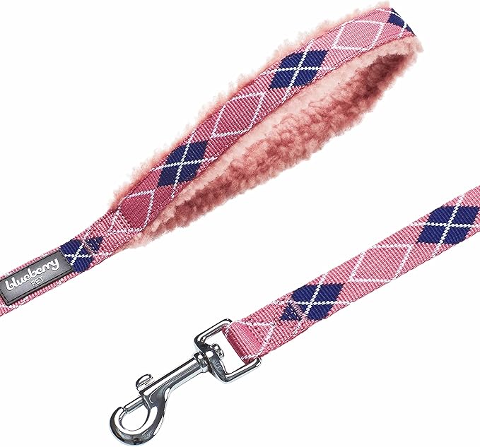 Blueberry Pet Scottish Argyle Fleece Padded Dog Leash with Soft & Comfortable Handle, 5 ft x 3/4", Pink, Medium, Leashes for Dogs