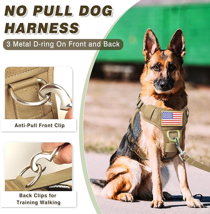 Service Dog Vest and Leash Set,Heavy Duty Tactical Dog Harness with Metal Buckles for Large Dogs,Adjustable No-Pull Dog Harness with 10 Patches,for Training Working,Brown XL