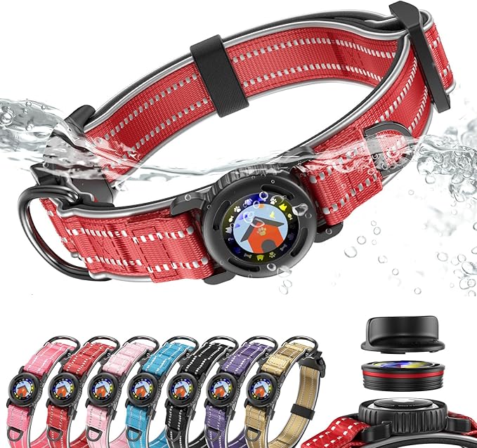 Upgrade Airtag Dog Collar,with IPX8 Waterproof AirTag Holder | Reflective Ultra-Durable | Soft Padded | Lock Buckle | Heavy Duty | Fit Small Medium Large Dogs（Purple，XL(19"～27")）