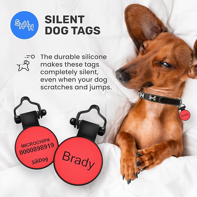 SiliDog - The Original Silicone Silent Dog Tag - Personalized Engraved Soundless Pet ID - As Seen On Shark Tank - Durable - Never Fades - Mini-Circle - Red