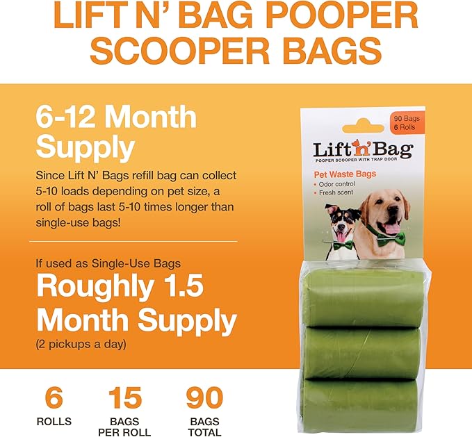 Neater Pets Lift N’ Bag Extra-Capacity Dog Poop Bags Rolls, 20% Thicker Leakproof Poop Bags for Dogs, Extra-Large Dog Pooper Scooper Refill Bags, 6 Rolls - 90 Count, Lavender Scent, 14.25” x 9.5”