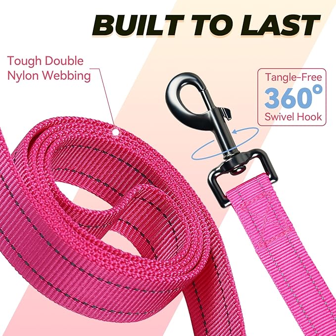 VIVAGLORY Twingrip Dog Leash, Double Handle Dog Leash for Training & Walking with Traffic Handle & 2 Loop, Traffic Control Reflective Heavy Duty for Puppy Pet, 6ft x 1in, Pink