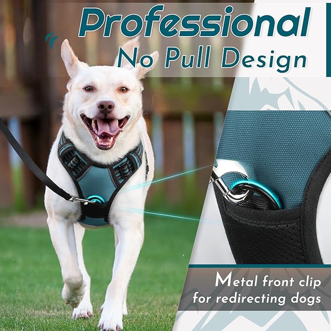 Eagloo Dog Harness Large Breed, No Pull Service Vest with Reflective Strips and Control Handle, Adjustable and Comfortable for Easy Walking, No Choke Pet Harness with 2 Metal Rings, Dark Green, XL
