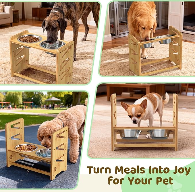 Elevated Dog Bowls, Adjustable Raised Dog Bowl Stand for Large and Medium Pet, 15" High Bamboo Pet Food Feeder with 2 Stainless Steel Dishes（6 Height）