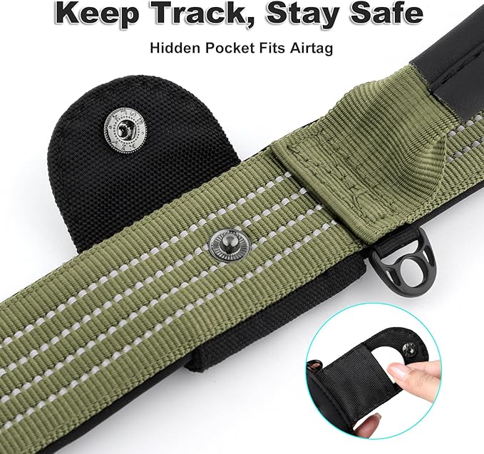 Plutus Pet Tactical Dog Collar with Tracker Pocket for AirTag, Adjustable Reflective Nylon Collar, Metal Buckle, Leather-Wrapped Handle, Soft Padded for Medium Large Dogs (Ranger Green, M)