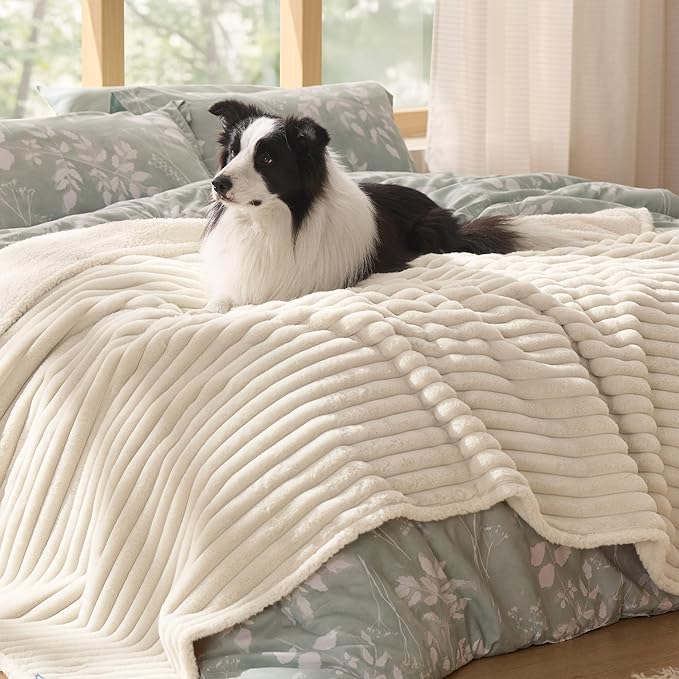 Bedsure ComfyFleece Waterproof Dog Blankets for Large Dogs - Soft Pet Cat Blanket Corduroy Fleece for Couch Bed Protector Washable, Cozy Calming Reversible Furniture Protection,50"x60", Cream