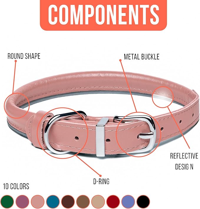 OOPSDOGGY Rolled Leather Dog Collar Reflective Roll Collars for Small Medium Large Dogs Puppy (Blush, L, 14'' - 18'')