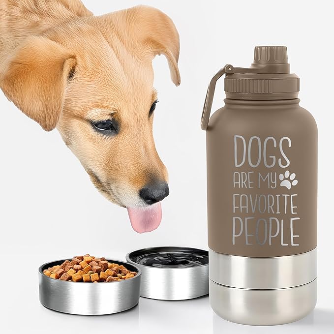 TEEAMORE Dogs Are My Favorite People Water Tumbler with Bowls Personalized Stainless Steel Travel Bottle Brown