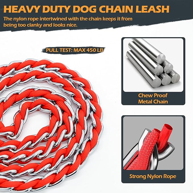 Chain Dog Leash Chew Proof Metal Leash for Medium Large Dogs, Chain Link Dog Anti Chew 5.2FT / 4FT Strong Anti Bite Comfortable Soft Padded Handle (red, 5FT(30-80lb)