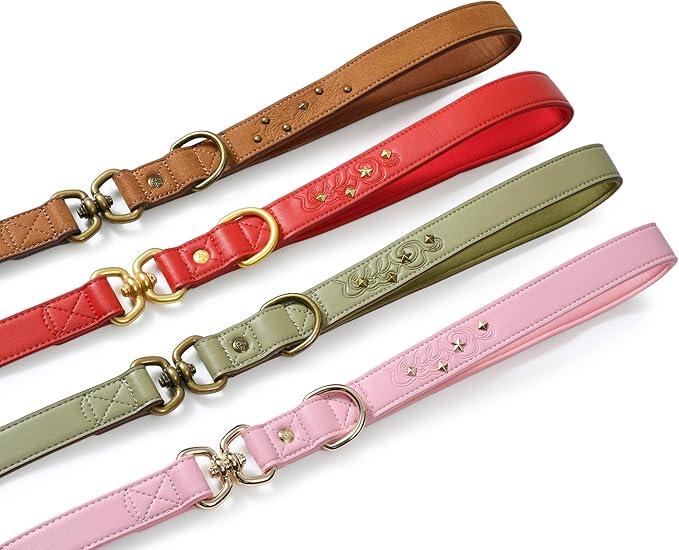 Blueberry Pet Premium Embossed Microfiber Leather Dog Leash with Decorative Studs in Saddle Brown