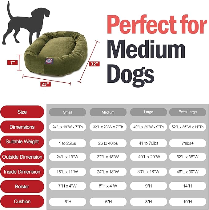 Majestic Pet 32 Inch Micro Velvet Calming Dog Bed Washable – Cozy Soft Round Dog Bed with Spine for Head Support - Fluffy Donut Puppy Mat 32x23x7 (inch) Medium – Fern
