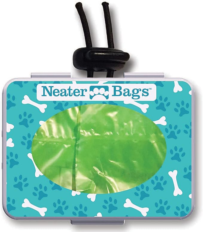 Neater Pet Brands Neater Bags Dog Waste Bag, No Rolls - Dog Poop Bags Dispense One at a Time, Doggie Poop Bag with Easy-Tie Handles, Dispenser Attaches to Any Leash (210 Count, Blue Bone & Paw Print)
