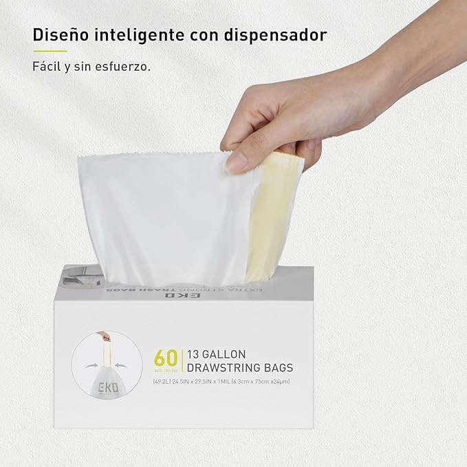 EKO 13 Gallon / 40-60 Liter, 60 Count Drawstring Trash Bags, Extra-Strong Unscented Garbage Bags, Easy-Dispense Roll for Kitchen & Household Use, Leak-Resistant, Code F, White