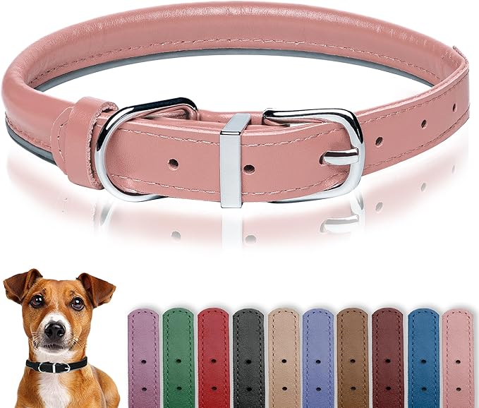 OOPSDOGGY Rolled Leather Dog Collar Reflective Roll Collars for Small Medium Large Dogs Puppy (Blush, XXL, 20'' - 24'')