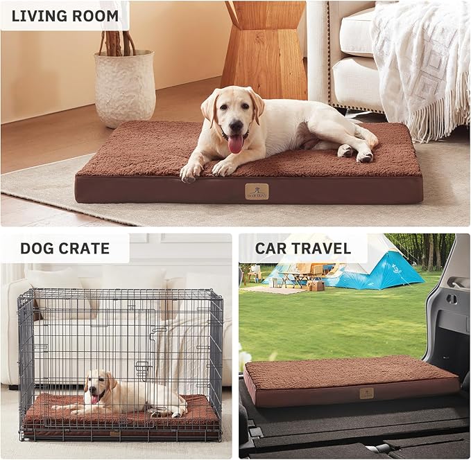 Bedfolks Orthopedic Dog Bed for Extra Large Dogs - Egg Foam Dog Crate Bed with Removable Waterproof Cover, Pet Bed Mat Suitable for Dogs and Pets Up to 90 lbs (41 x 29 x 3.5 inches, Brown)