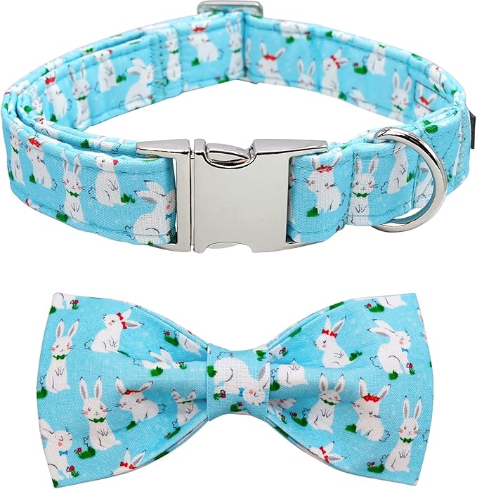 Lionet Paws Easter Dog Collar with Bowtie, Bunny Bowtie Collar with Metal Buckle for Dogs and Cats, Adjustable Comfortable Dog Collar Girl Boy, XS, Neck 8-12 in