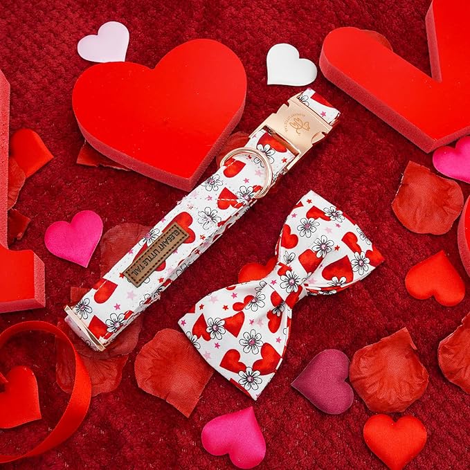 Elegant little tail Valentine's Dog Collar, Cute Pink Heart Pet Collars Soft Dog Puppy Collar Female or Male Adjustable Cotton Pet Collars with Bow for Small Medium Large Dogs