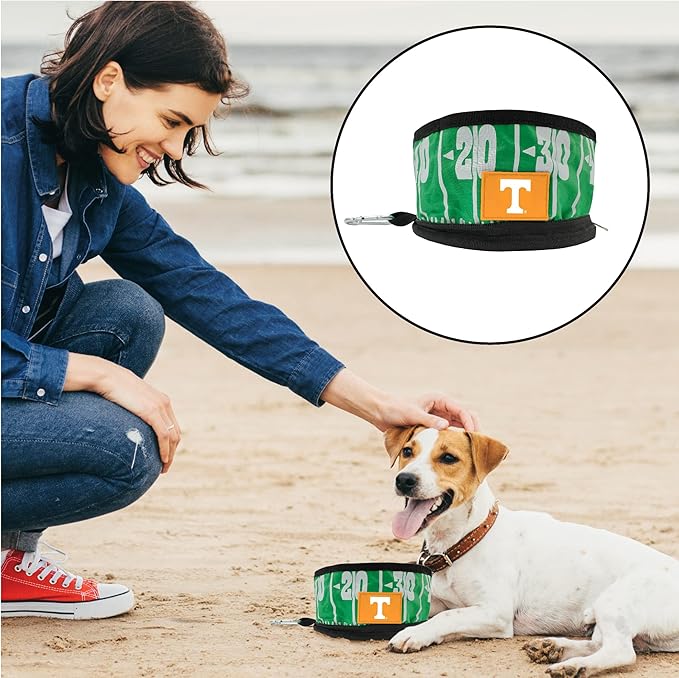 Pets First NCAA Tennessee Volunteers Collapsible Dog Travel Bowl, Food and Water Bowl for Dogs & Cats. Lightweight Leak-Proof Pet Bowl for Travel with Football Field & Pebble-Grain Design
