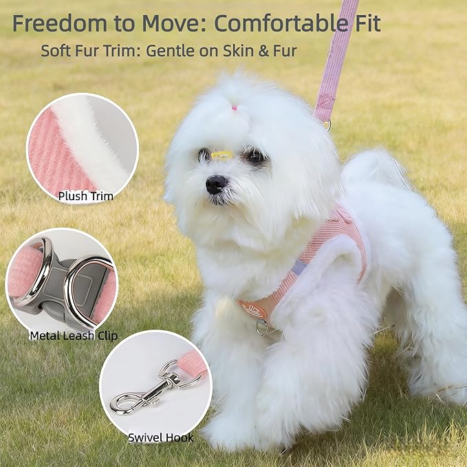 Dog Harness and Leash Set-No Pull No Choke Step-in Pet Harness for Cold Weather Lightweight Adjustable Cat Harness Warm Plush Puppy Vest with Hook & Loop Fastener Buckles D-Rings-Blue+White-M