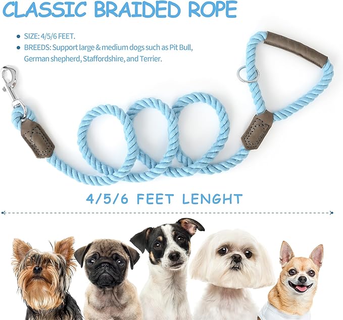 Mile High Life Dog Leash, Braided Cotton Rope Leashes with Leather Handle - Heavy Duty Metal Clasp, 4FT, 1/2" Thick - Wedding, Walking & Training Leash for Small Medium Large Dogs (Sky Blue)