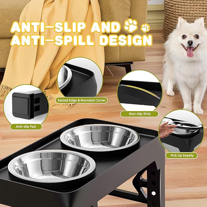 Elevated Dog Bowls for Medium Large Dogs - 5 Height Adjustable Mess Proof Raised Bowl Stand with 2 44oz Stainless Steel Food Bowls Dish Set Adjusts to 3.54’’-12.13’’ Non-Slip Black (DB-B)