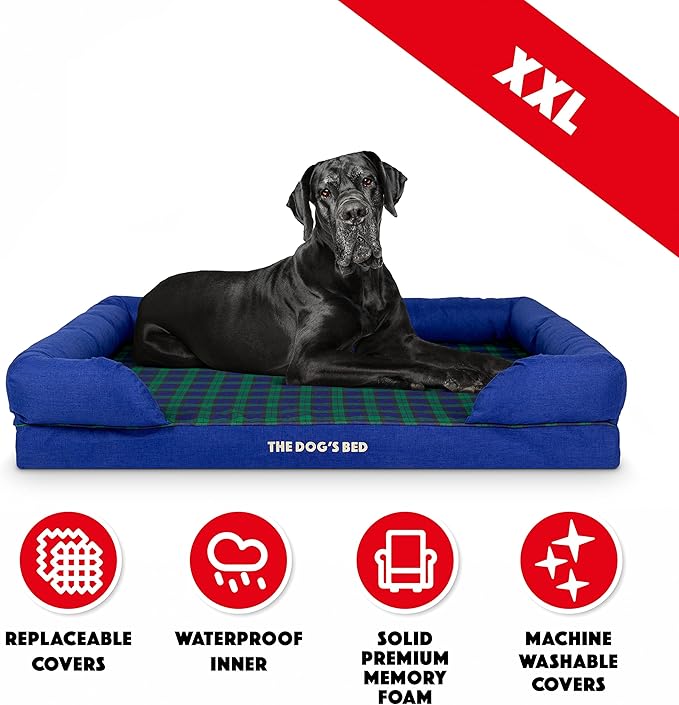 The Dog’s Bed Orthopedic Memory Foam Dog Bed with Bolsters, Oxford Fabric, Black Watch Tartan, XXL