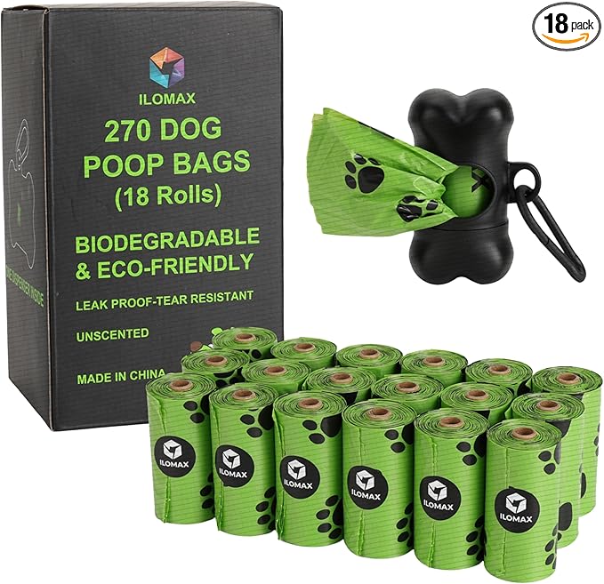 ILOMAX Dog Poop Bags with Dispenser, 270 Unscented Waste Bags (38% Plant-Based), Extra Thick Leak-Proof Refill Rolls for Dogs & Cats – 18 Rolls + Holder