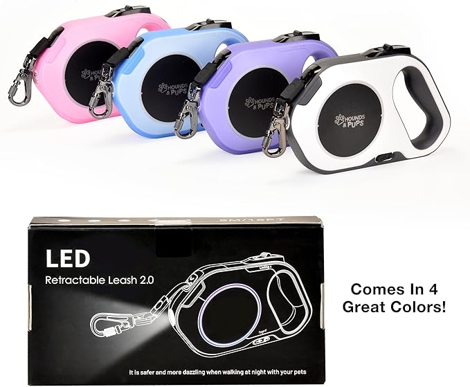 Hounds & Pups Retractable Dog Leash, 15 ft Length, LED Light for Night Walks (Blue)