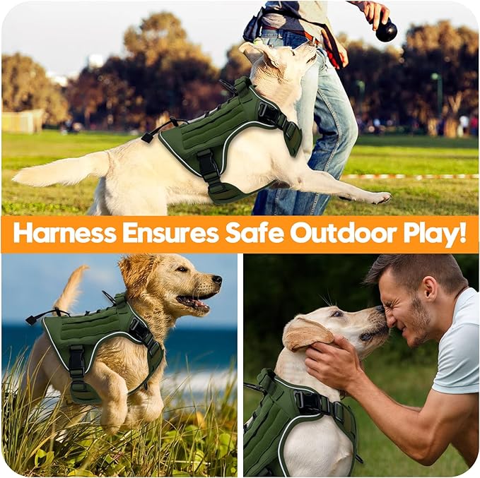 Heavy-Duty Tactical Dog Harness for Large Dogs, No Pull Adjustable Reflective Pet Vest with Molle System, K9 Military-Grade Control for Service Training, Outdoor & 10+ Breeds, Green, Large