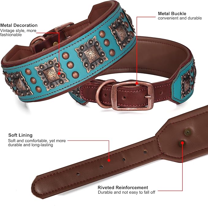 PET ARTIST Soft Padded Leather Dog Collar, 2 inch Wide Genuine Leather Dog Collars with Stylish Studded Rivet & Metal Buckle, Luxury & Adjustable Pet Collars for Medium Dogs,Green,Neck 16-19"