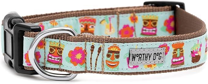 THE WORTHY DOG Collar for Small Dogs, Adjusts 9-15 inches, Durable Nylon Webbing, Quick Release Buckle, Tiki Time Pattern, Blue, Small
