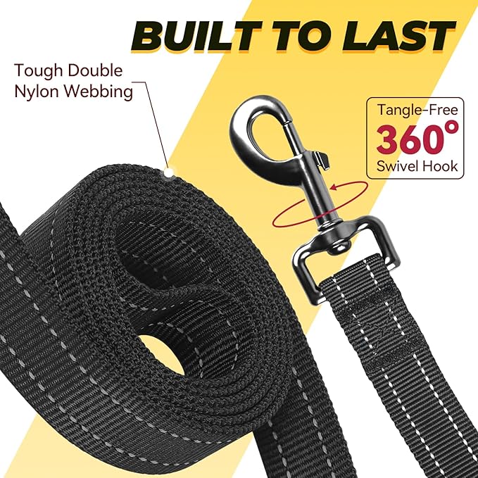 VIVAGLORY Twingrip Dog Leash, Double Handle Dog Leash for Training & Walking with Traffic Handle & 2 Loop, Traffic Control Reflective Heavy Duty for Puppy Pet, 6ft x 1in, Black
