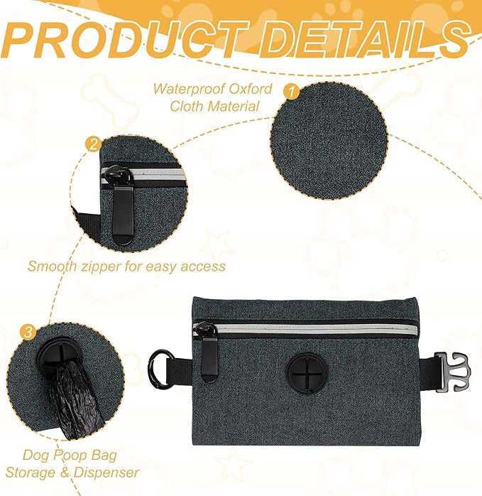 Dog Poop Bag Holder, Pet Waste Bag Dispenser Dog Treat Pouch with Zipper Oxford Cloth Portable Reusable Easy Cleanup(2Pcs, Gray/Black), Intended for Outdoor/Travel/Walking