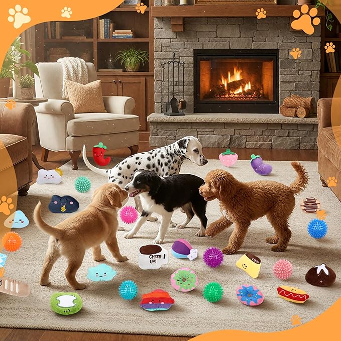 Hungdao 80 Pcs Dog Toys Bulk Squeaky Dog Gifts for Medium Small Puppy Stuffed Plush Chew Ball Toys Small Pet with Squeakers for Puppies Teething(Fashion Style)