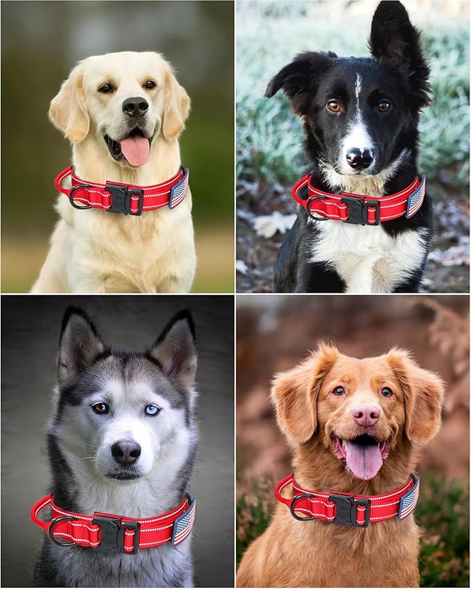 AUBELL Reflective Tactical Dog Collar,Adjustable Military Heavy Duty K9 Collars with Handle and Quick Release Metal Buckle Great for Medium Dogs, with Airtag Case and 2 Patches (Red,M)