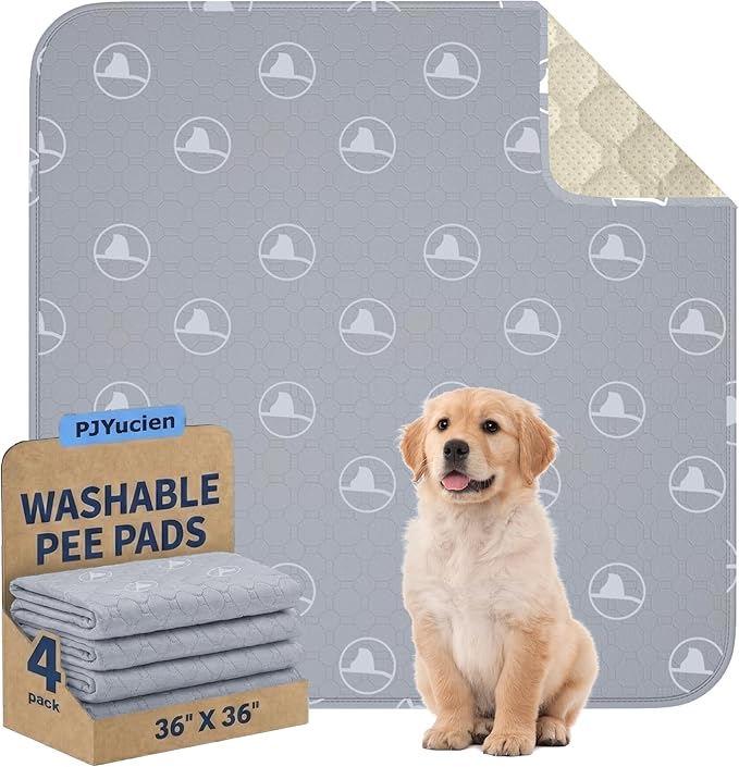 PJYuCien Washable Pee Pads for Dogs 4 Pack, 36" x 36" Non-Slip and Leak-Proof Pee Mat, Puppy Training Pads for Whelping, Playpen, Crate, Bed (Grey)