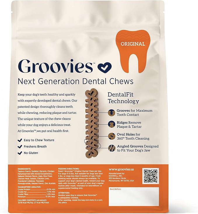 Groovies Flexible, Yet Moderately Tough Daily Dog Dental Chews. Powered by USA-Patented DentalFit Technology. No Added Gluten, No Artificial Flavors or Colors. Original 12oz Small (43Chews)