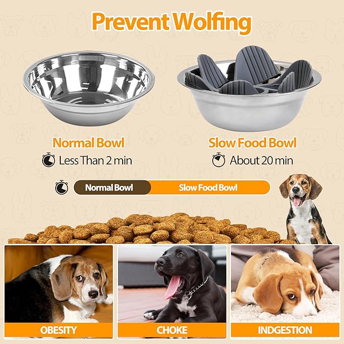 Elevated Dog Bowls, 9 Heights Adjustable Raised Dog Bowl Stand for Small & Medium Pet with 2 Stainless Steel Dishes and 1 Slow Feeder Bowl, Sturdy Bamboo Pet Food Dishes with Non-Slip Feet