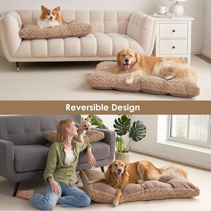 EHEYCIGA XXL Washable Dog Bed for Crate 47x29 Inch, Reversible Kennel Pad for Extra Large Dogs Weight Up to 100 lbs, Plush and Comfy Pet Sleeping Mat, Camel