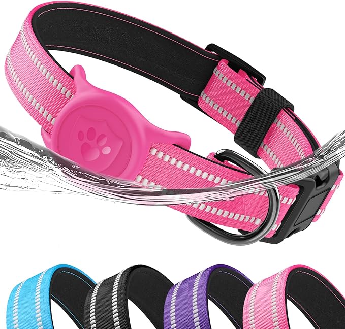 Airtag Dog Collar, Dog Collar with Airtag Holder Compatible for Apple Air Tag, Fit Circle Airtag Holder(Not Fit Other Shapes) for Small Dogs IP68 Waterproof (Rose Red,S)