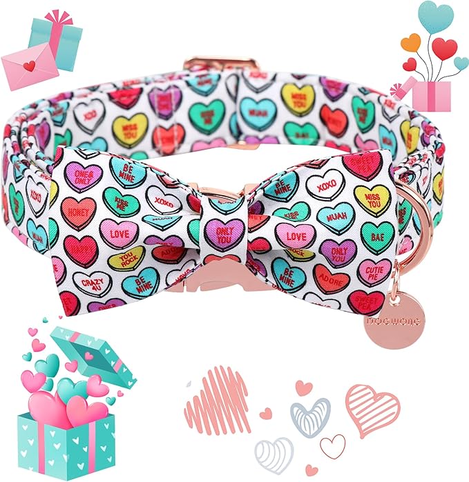 DOGWONG Valentine's Dog Collar with Bow tie, Adjustable Durable Pink Heart Dog Collar Cute Dog Collar for Small Medium Dogs