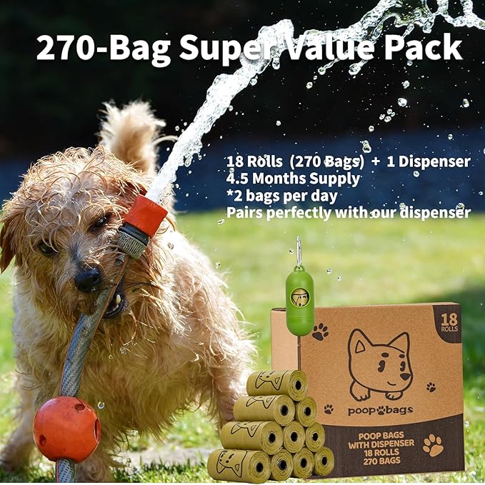 Dog Poop Bags With Dispenser, Strong and Leak-proof Waste Bags for Pets, Floral Scented, 270 Count (18 Packs of 15), 13 Inch x 9 Inch (Khaki)